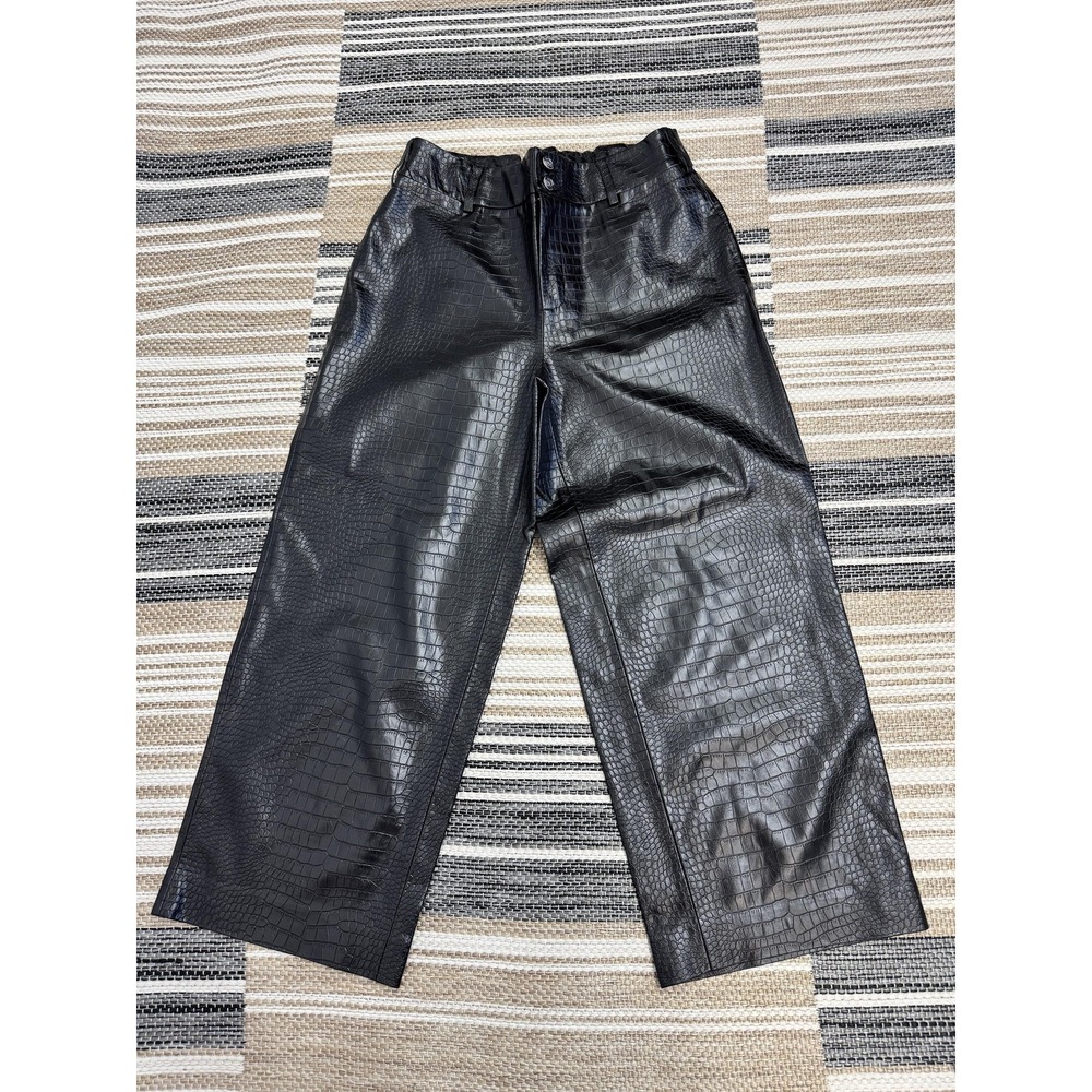 Chico's Pants Womens 4 Black Faux Leather Croc Embossed Wide Leg Elastic Back‎